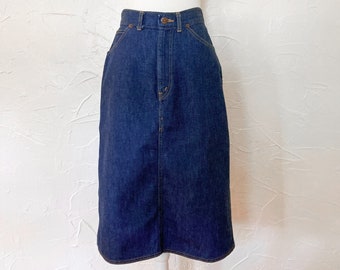 70s Medium Wash Blue Denim A-Line Midi-Skirt | Small/27" Waist