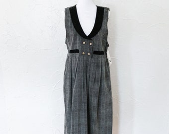 80s/90s Deadstock Gray Plaid Corduroy Black Collared Pinafore Midi Dress | Medium/Large