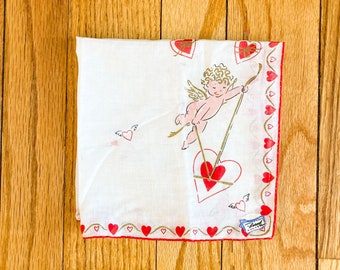 50s Burmel Valentine's Hearts Cupid Red White Pink Metallic Gold Handkerchief