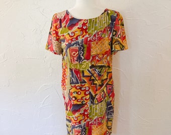 80s Albert Nipon Abstract Expressionist Dress | Small