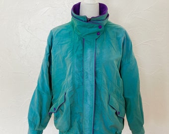 80s Iridescent Turquoise and Purple Fleece Lined Jacket | Extra Large/2X