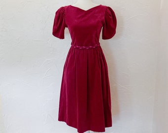 80s Lanz Cotton Velveteen Magenta Pink Puff Sleeve Dress with Braided Belt | Small