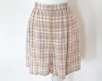 80s Rayon Linen Pastel Plaid High Waist Shorts | Medium/32" Waist