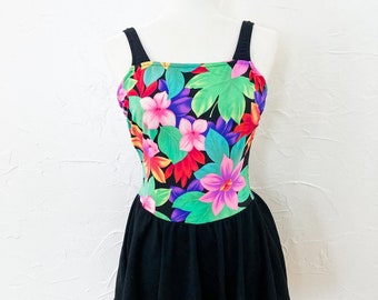 80s Colorful Tropical Floral Black Skirted Swimsuit with Low Back | Medium