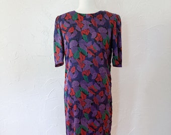 80s Short Sleeve Leaf Print Dress | Small