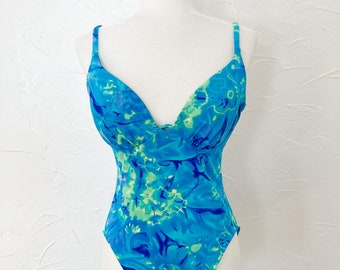 80s Green Blue Turquoise Swirl Tie Dye One Piece High Cut Swimsuit | Medium/Large