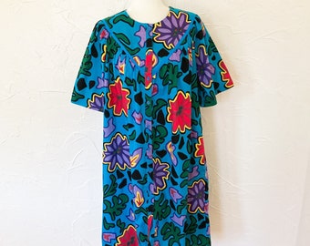 80s Turquoise Abstract Cotton Floral Kaftan Tent Dress | Large/Extra Large