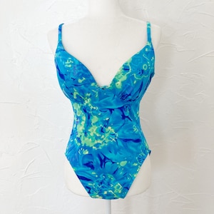 80s Green Blue Turquoise Swirl Tie Dye One Piece High Cut Swimsuit Medium/Large image 1