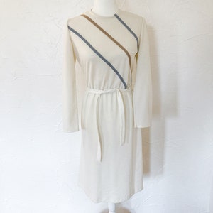 70s/80s Cream Blue and Tan Striped Belted Dress Small image 1