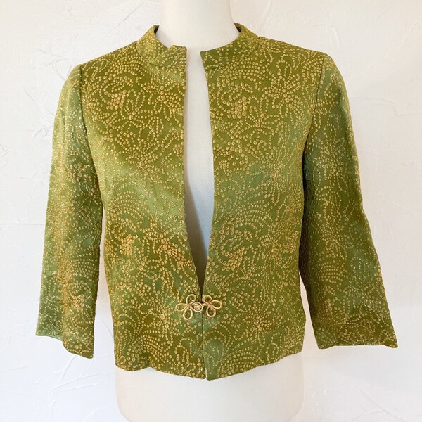 60s Green and Metallic Gold Embroidered Floral Silk Evening Jacket | Small/Medium
