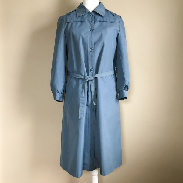 70s Dusty Blue Hooded Coat with Faux Fur and Quilted Liner | Small/Medium