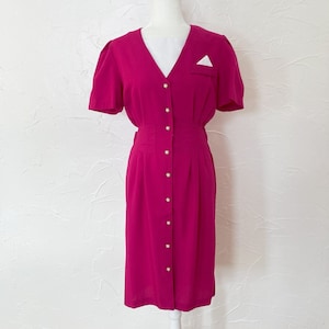 80s Magenta and White Pearl Button Down Dress | Small