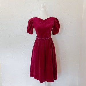80s Lanz Cotton Velveteen Magenta Pink Puff Sleeve Dress with Braided Belt | Small