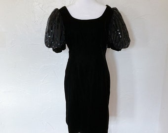 80s Black Sequined Velvet Party Dress with Balloon Mesh Net Sleeves | Medium