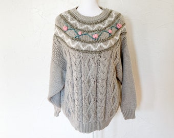 90s Gray Pink Cherry Novelty Cable Knit Pullover Hand Knit Sweater | 2X/3X/4X