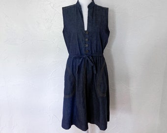 70s Denim Sleeveless Midi Belted Dress with Looped Button Closure | Small/Medium