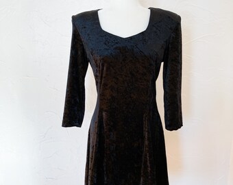 80s Black Crushed Velvet Skater Fit and Flare Dress | Small/Medium