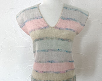 80s Pastel Striped Short Sleeve Sweater | Small/Medium