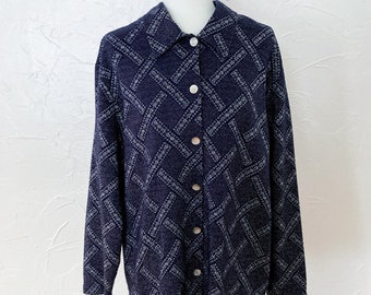 70s Metallic Silver and Navy Blue Bandana Pattern Knit Top | Plus Size 1X/2X