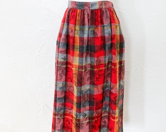 70s Plaid Silkscreened Floral Skirt Red Gray Yellow Black | 27" Waist