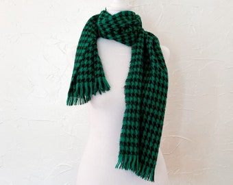 80s Houndstooth Fuzzy Black and Turquoise Green Winter Fall Scarf