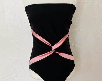 90s Black and Metallic Pink Strapless One Piece Swimsuit | Medium/Large