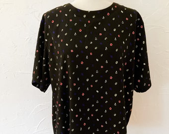 80s/90s Black Multicolored Abstract Shapes Short Sleeve Blouse | Extra Large