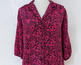 80s Magenta and Black Abstract Floral Balloon Sleeve Blouse | Large