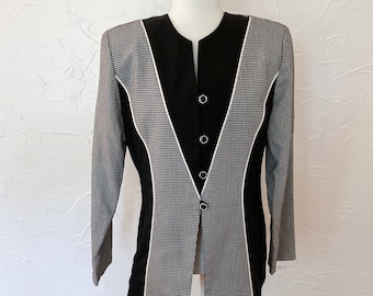 Blazer pied-de-poule com painéis preto e branco dos anos 80 | Médio/Grande