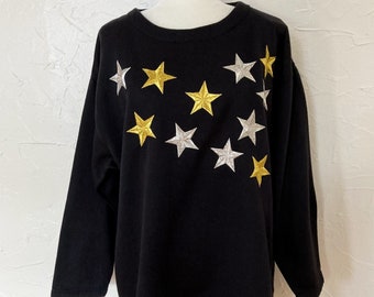 80s Deadstock Black Sweatshirt with Gold Silver Stars | Large/Extra Large