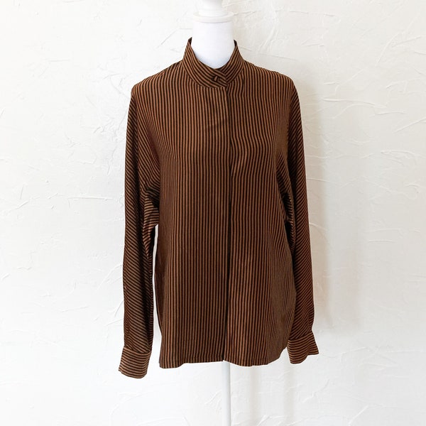 80s Silk Satin Black and Brown Mockneck Blouse | Large