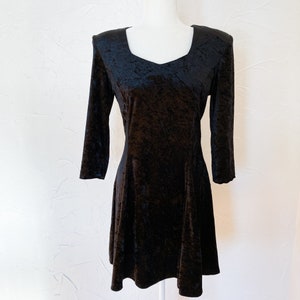 80s Black Crushed Velvet Skater Fit and Flare Dress Small/Medium image 1
