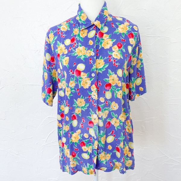 80s Blue Floral and Fruit Print Button Up Rayon Cotton Blouse | Large