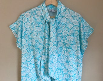 70s Blue and White Floral Print Blouse with Necktie