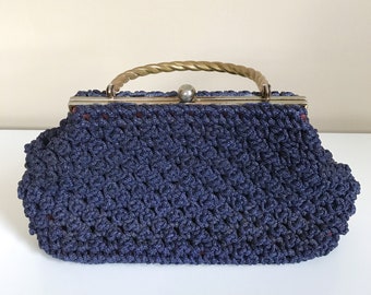 60s Navy Blue Macrame Purse with Brass Handle