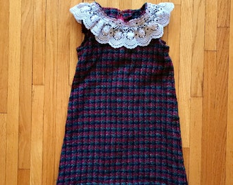 60s Kids Red Green Black and Gold Tweed Dress | Size 4T