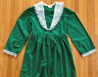 70s Green Polka Dot and White Lace Girls Dress Size 10