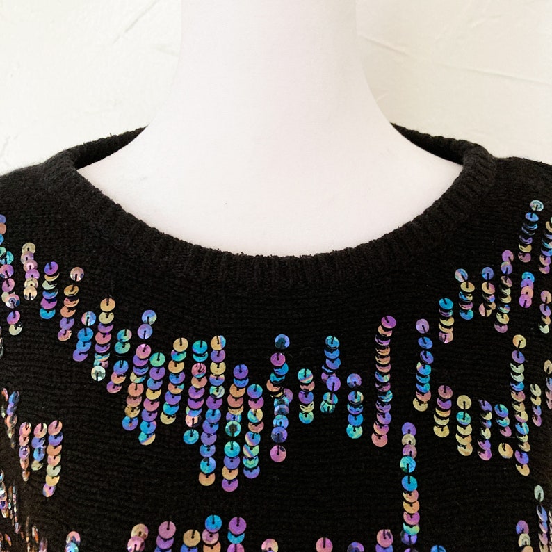 80s Iridescent Sequined Embellished Glam Black Silk Long Sleeve Silk Angora Sweater Large/Extra Large image 4