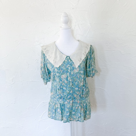 80s/90s Light Blue Green Floral Rayon Peplum Butt… - image 1