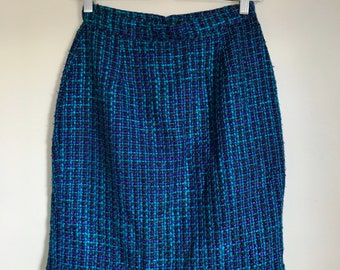 80s Turquoise, Black, Purple Tweed Pencil Skirt | 26” Waist