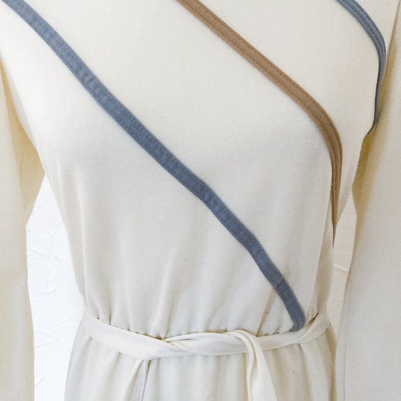 70s/80s Cream Blue and Tan Striped Belted Dress Small image 6