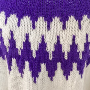 70s Two Toned White Purple Hand Knit Chunky Warm Fair Isle Sweater Medium/Large image 10