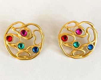 80s Gold Organic Shaped Pierced Earrings with Multicolored Stones