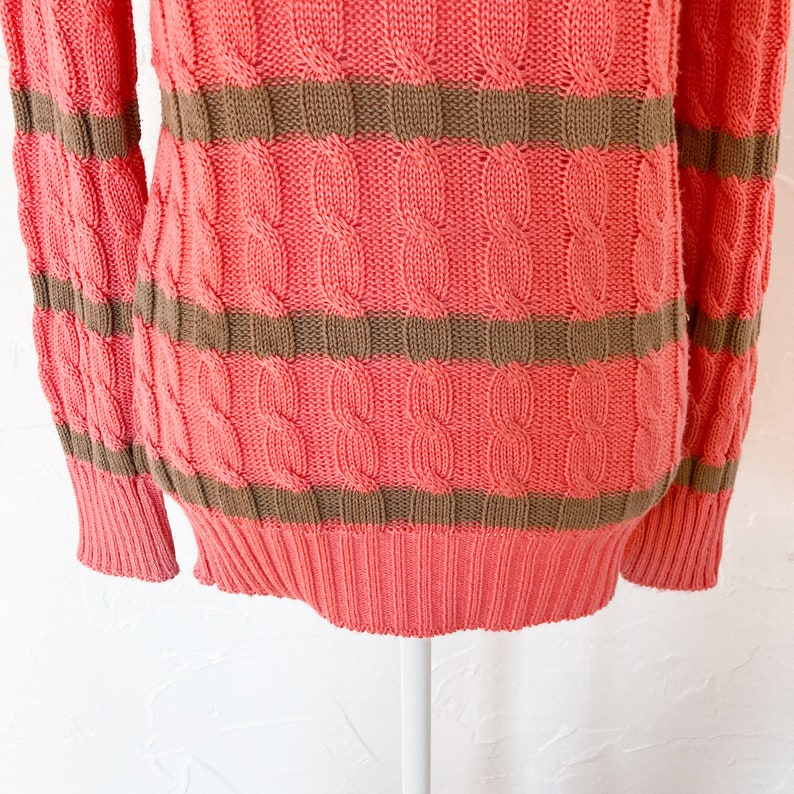 80s Designer Oscar de la Renta Coral Pink and Tan Striped Cable Knit Pullover Sweater Medium/Large image 4