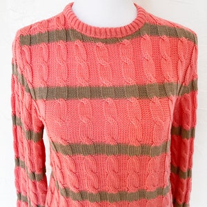 80s Designer Oscar de la Renta Coral Pink and Tan Striped Cable Knit Pullover Sweater Medium/Large image 3