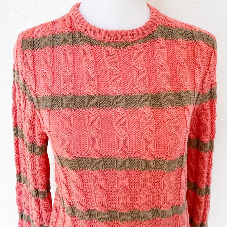 80s Designer Oscar de la Renta Coral Pink and Tan Striped Cable Knit Pullover Sweater Medium/Large image 3