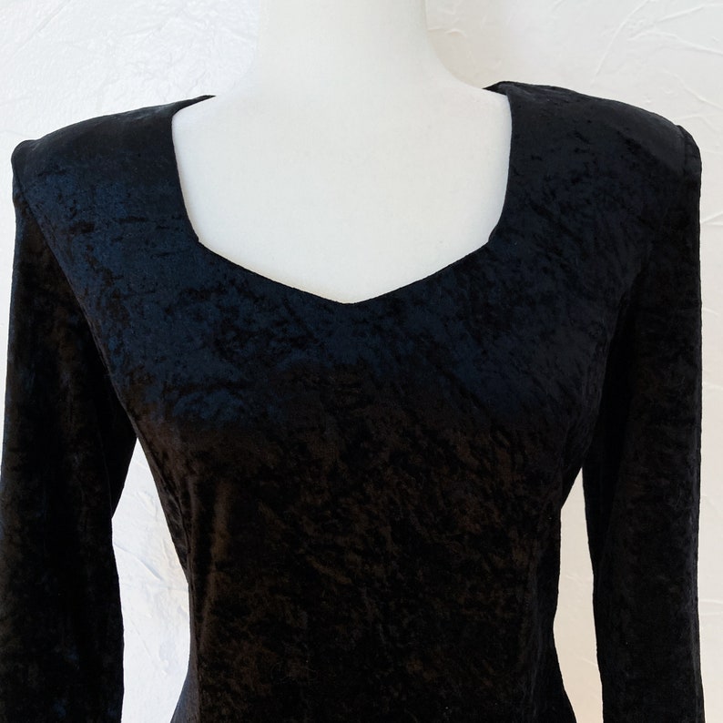80s Black Crushed Velvet Skater Fit and Flare Dress Small/Medium image 5