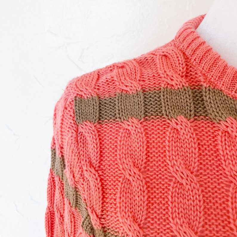 80s Designer Oscar de la Renta Coral Pink and Tan Striped Cable Knit Pullover Sweater Medium/Large image 6