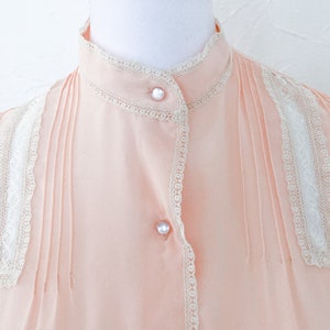 70s Victorian Inspired Light Peach Pink Lace Mock Collar Blouse Medium image 5