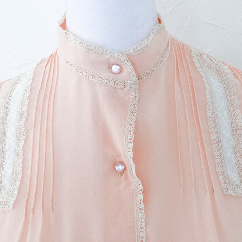 70s Victorian Inspired Light Peach Pink Lace Mock Collar Blouse Medium image 5